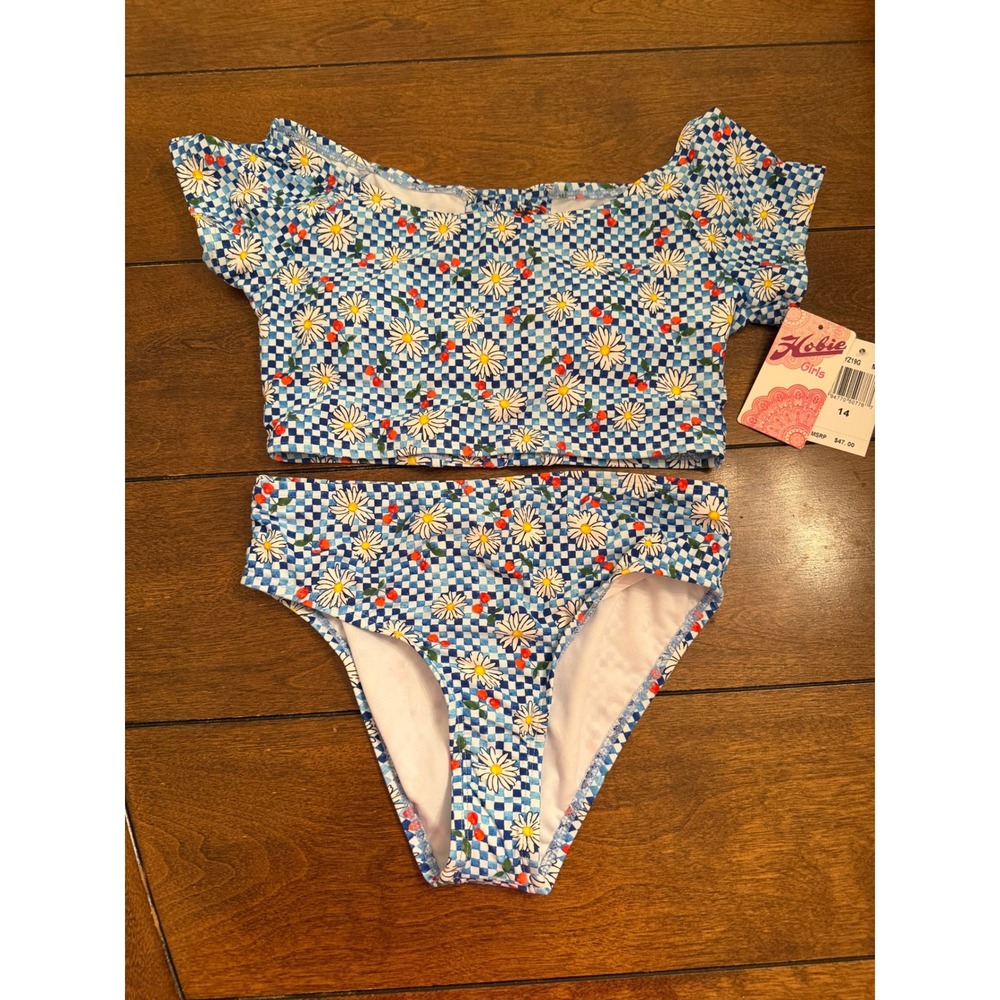 Hobie Girls Blue Checkered Daisy Cherry 2 Piece Swimsuit Set Size 14 HG3YZ19G